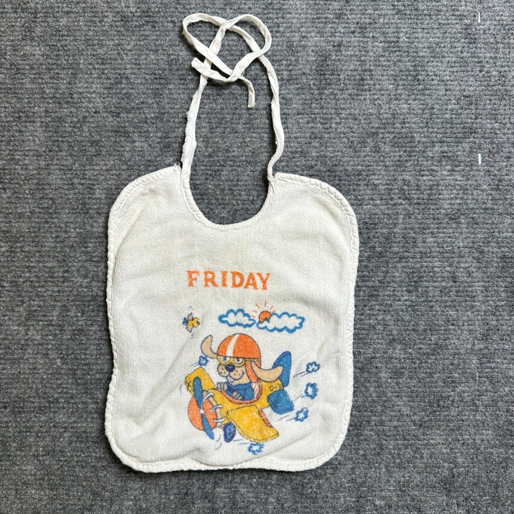 Vintage Friday Dog Pilot Airplane Terry Cloth Baby Bib White Retro Tie Neck